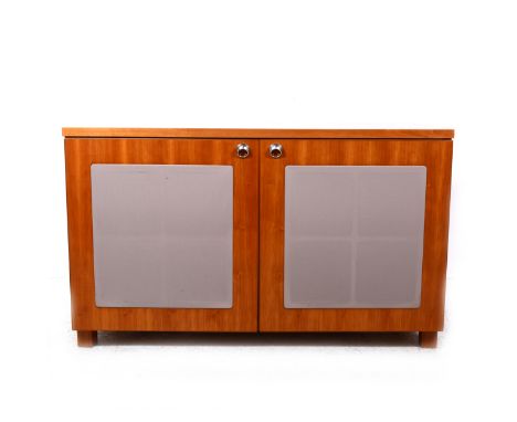 A contemporary cherry wood speaker cabinet, with white mesh panelled cupboards, width 110cm, depth 56cm, height 67cm.