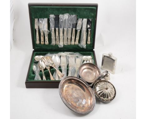 Silver plated canteen of cutlery, Kings pattern; silver plated hip flask; other metalware; copper kettle; etc.