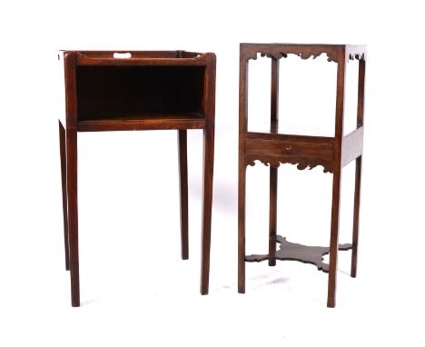 Two mahogany night stands, one with square top, carved apron, with single shelf drawer, the base joined by shaped shelf, widt