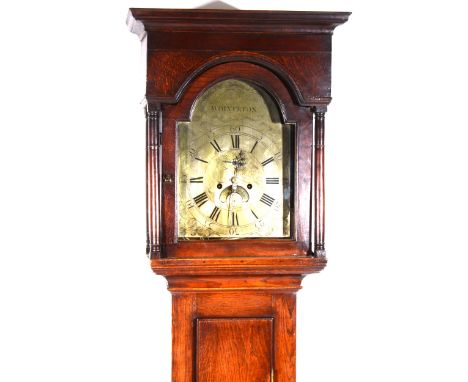 A Georgian oak longcase clock, signed William Wilks, Wolverton, brass dial with engine turned scrolled spandrels, eight-day m