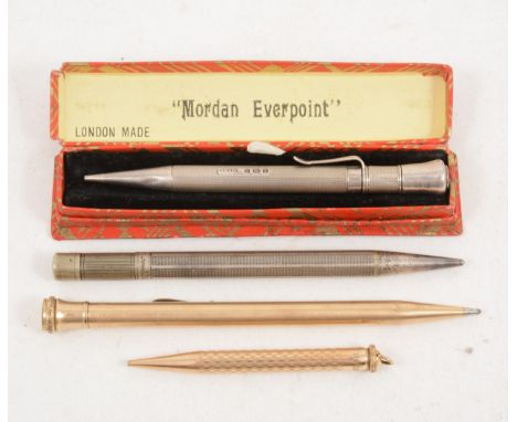 Four propelling pencils, a Mordan Everpoint in a silver engine turned barrel hallmarked London 1931 (with box), 11cm, a Morda