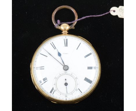 An 18 carat yellow gold open face pocket watch, the white enamel dial having a Roman numeral chapter ring and subsidiary seco