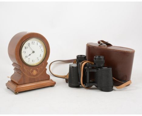 Edwardian inlaid mahogany balloon mantel clock, cylinder movement, 19.5cm; a pair of Zeiss binoculars, cased.