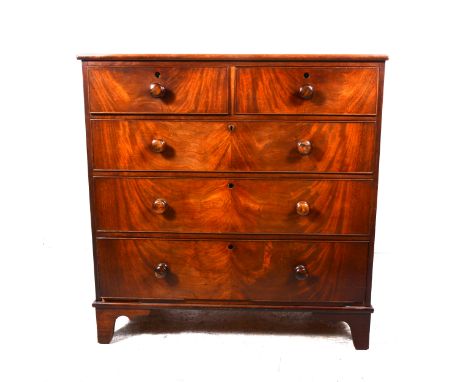 A Victorian mahogany chest of drawers, fitted with two short and three long drawers, bracket feet, width 107cm, depth 51cm, h