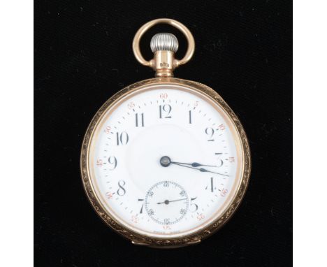 A 9 carat yellow gold open face pocket watch, the white enamel dial having an Arabic numeral chapter ring, outer red minutes 