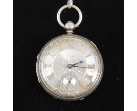 Victorian silver cased watch, engine turned case with vacant garter cartouche, knurled bezel, silvered dial with gilt Roman c