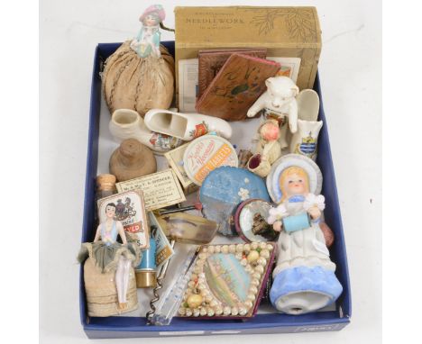 A collection of vintage sewing requisites and other advertising related items to include two ceramic pin doll pin cushions, p