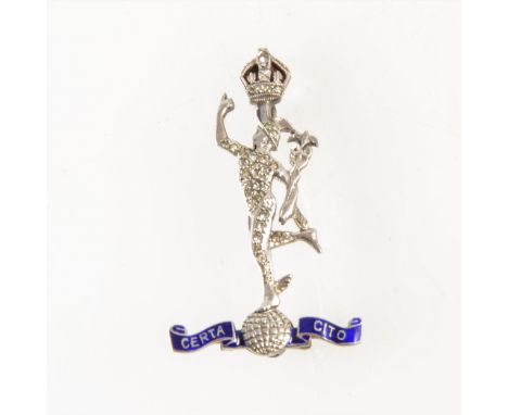 A sweetheart brooch The Royal Signal Corps, white metal set with white paste stones with blue enamel moto "Certa Cito", 40mm,