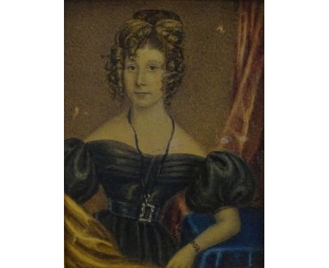 19thC British School. Half length portrait of a lady, watercolour, 10cm x 7.5cm.