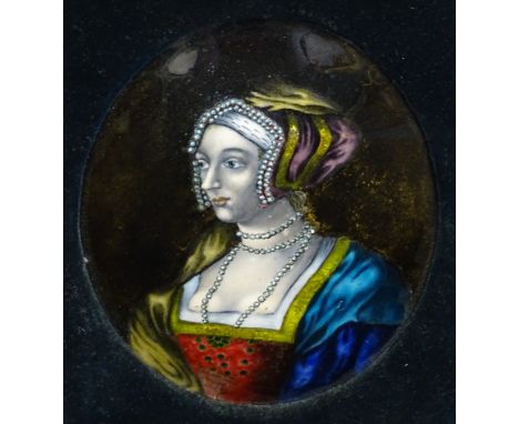 19thC School. Portrait of a maiden, enamel on metal, 12cm x 10cm.