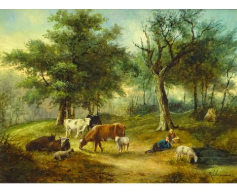 R V Verbrugge. Woodland scene with figures and cattle, oil on panel, signed, 29cm x 39cm.