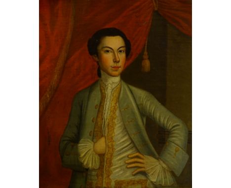 Follower of John Singleton Copley (1738-1815). Portrait of a Gentleman with green silk jacket and gilt embroidered waistcoat,