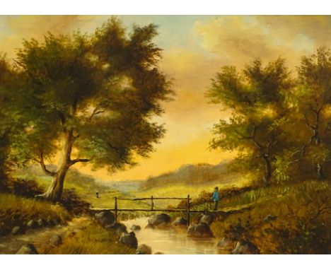 R V Verbrugge. River scene with bridge, oil on panel, signed, 29cm x 39cm.