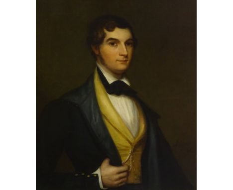 John Moir (1775-1857). Young gentleman in jacket and yellow waistcoat, oil on canvas, signed and dated 1830, 74.5cm x 61cm.