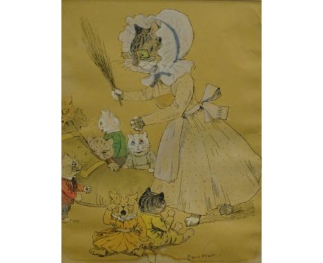 After Louis Wain. Mother cat and kittens, overpainted print, 21.5cm x 15.5cm.
