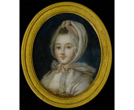 19thC British School. Head and shoulders of a young woman in cape with red bow ribbon, watercolour, 31cm x 25cm.