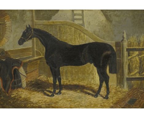 Circle of J F Herring. Faugh-a-Ballagh, race horse in stable aside saddling cloth, oil on canvas, unsigned, titled, 31cm x 40