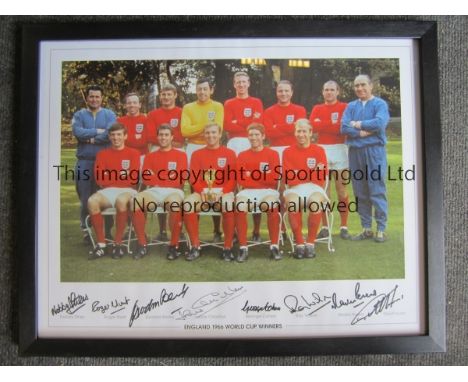 ENGLAND WORLD CUP 1966 AUTOGRAPHS        A 16" X 12" England team group in red shirts with Bobby Moore holding the trophy whi