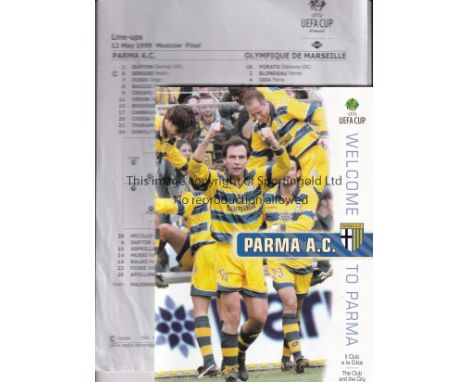 1999 UEFA CUP FINAL      Team sheet for Marseille v Parma in Moscow and Parma Press brochure.    Good