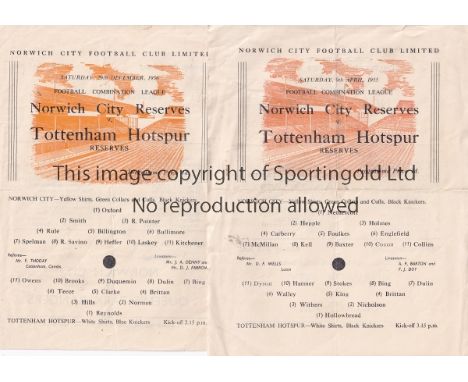NORWICH - TOTTENHAM     Two Norwich City single sheet Reserves home programmes, both v Tottenham Reserves, 9/4/55 and  29/12/