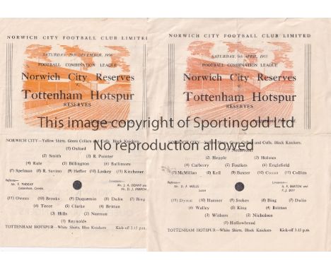 NORWICH - TOTTENHAM     Two Norwich City single sheet Reserves home programmes, both v Tottenham Reserves, 9/4/55 and  29/12/