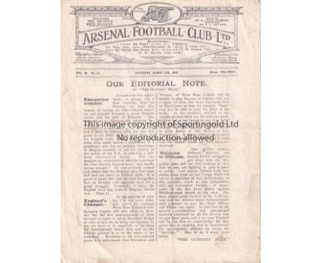 ARSENAL V OLDHAM ATHLETIC 1923     Four page programme for the League match Arsenal 17/3/1923 with a horizontal fold and slig