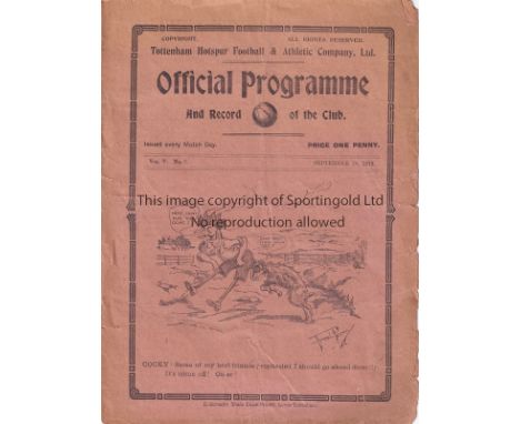 TOTTENHAM - NORWICH 1912    Tottenham Reserves home programme v Norwich, 28/9/1912, South Eastern League, fold, tears to edge