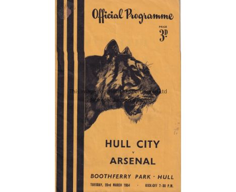 HULL CITY V ARSENAL 1954     Programme for the Friendly at Hull 23/3/1954, slight vertical crease and very slight mark on the