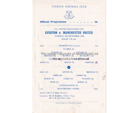 EVERTON / MAN UNITED   Single sheet programme Everton v Manchester United FA Youth Cup  6/12/1966. Light horizontal fold. Num