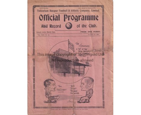 TOTTENHAM - NORWICH 1938   Tottenham home programme v Norwich, 26/3/1938, worn along folds, slight tears to bottom edge.  Fai