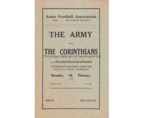 THE ARMY V THE CORINTHIANS 1931     Programme for the match at Command Central Ground, Aldershot on 7/2/1931, slight horizont