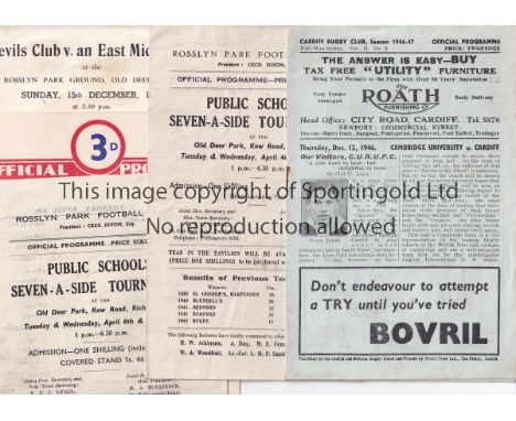 RUGBY UNION 1940s   Five Rugby Union programmes, Rosslyn Park Public Schools Sevens  1943 and 44, Cardiff v Cambridge Univers