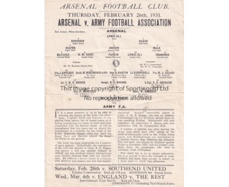 ARSENAL - THE ARMY 1931   Arsenal single sheet home programme v The Army, 26/2/1931, minor folds. Tear   Fair - generally goo