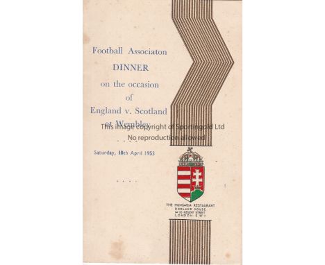 ENGLAND / SCOTLAND   Menu for the dinner hosted by the FA at the Hungaria Restaurant on the evening of the England v Scotland