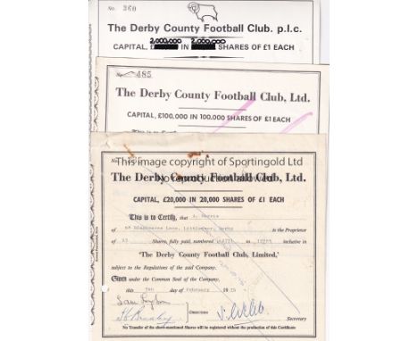 DERBY    Three Derby County share certificates issued in 1974,1982 and 1989. Fair to generally good