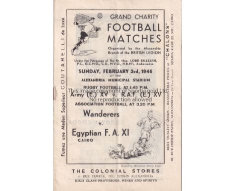 WAR-TIME FOOTBALL / RUGBY    Joint programme for the Charity Matches at the Alexandria Municipal Stadium in Egypt on 3/2/1946