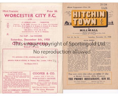 MILLWALL - CUP   Two Millwall away FA Cup programmes, at Hitchin 15/11/58 and at Worcester City 6/12/58. Slight folds, Hitchi