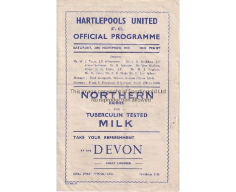 HARTLEPOOLS / DARLINGTON     4 Page programme Hartlepools United v Darlington FA Cup 29/11/1947. Light folds. No writing.    