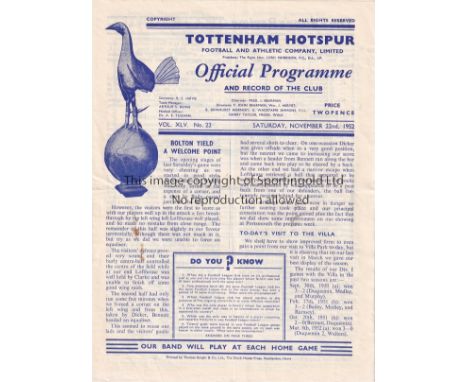 TOTTENHAM - NORWICH  52   Four page Tottenham "A" team programme v Norwich "A", 22/11/52, Eastern Counties League, slight fol