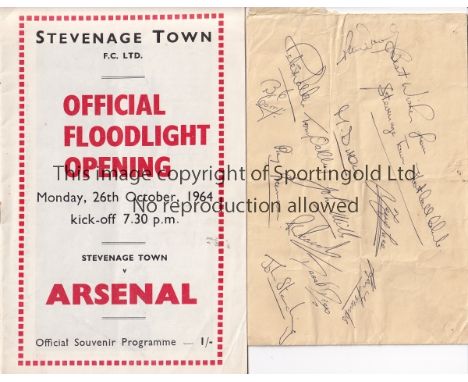 STEVENAGE TOWN AUTOGRAPHS 1960'S      Home programme v. Arsenal 26/10/1964 signed on the line-up page by Richard England and 