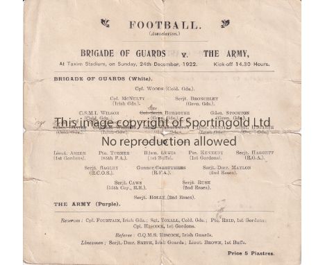 ARMY FOOTBALL 1922   Scarce single sheet programme for game played at Taxim Stadium, Istanbul, Brigade of Guards v The Army, 