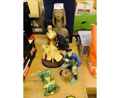 Pottery partially glazed of a bust of a woman; Royal Worcester figurine Francesca; Royal Doulton figurine The Lobster Man; Fr