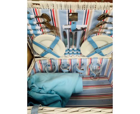 A four place picnic hamper and three ceramic storage jars and a quantity of light fittings including four twin brass wall lig
