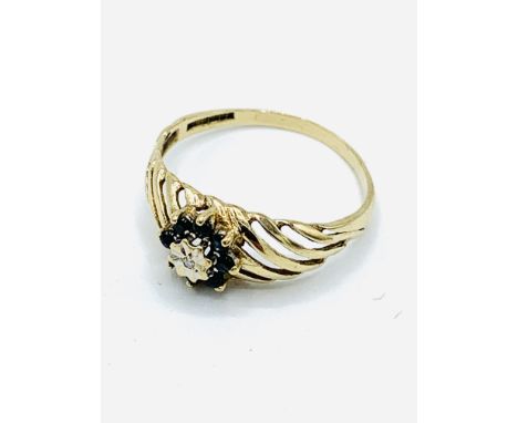 9ct gold sapphire and diamond filigree ring, weight 1.8gms, size R. Estimate £30-40.