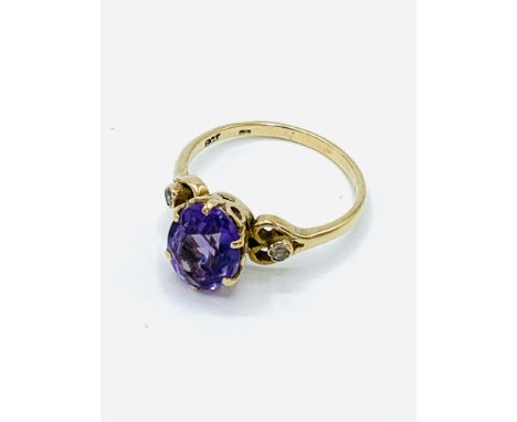 9ct gold amethyst and diamond ring, weight 2.6, size O 1/2, size of amethyst 10.5 x 8.1 mms.  Estimate £40-50.