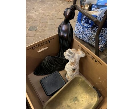 Cast iron fender; brown ceramic female figure; dog figure; Fereday kitchen scales and 7lb weight. Estimate £10-20.