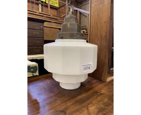 Art Deco brass and glass ceiling light, 48cms high x 31cms diameter. Estimate £20-30.