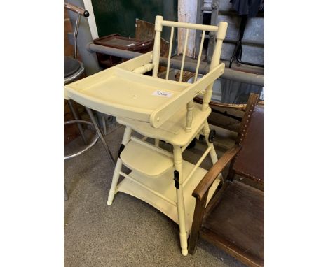 Metamorphic high chair; low leather backed chair; fire guard/fender.  Estimate £10-20.