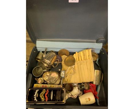 Suitcase containing a quantity of metal ware: copper, brass, and bone handled steel bladed knives; together with a floor stan
