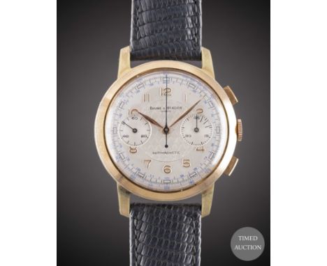 A GENTLEMAN'S LARGE SIZE GOLD PLATED BAUME &amp; MERCIER CHRONOGRAPH WRIST WATCH
CIRCA 1950s, REF. 1305 A

Movement:&nbsp;17J